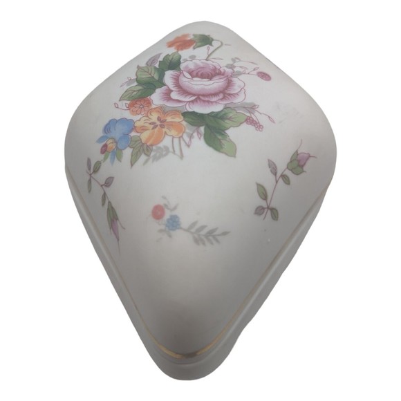 Unbranded Other - Vintage Bisque Trinket Box  Flowers Gold Trim Roses Gold Trim Diamond Shape